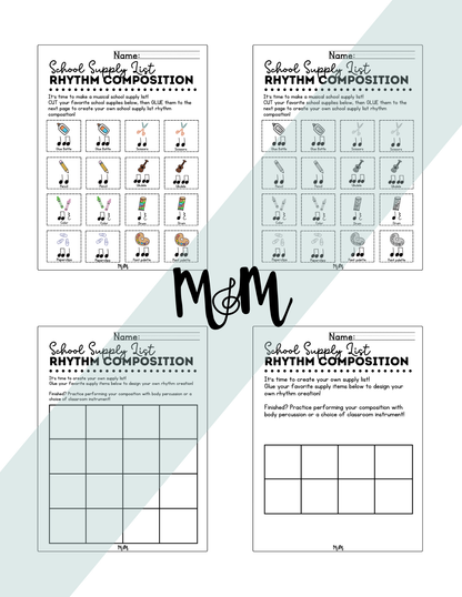 School Supply List Rhythm Composition Activity | Music Room Cut & Glue Activity | Level 1 DIGITAL DOWNLOAD