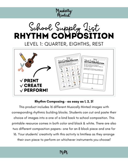 School Supply List Rhythm Composition Activity | Music Room Cut & Glue Activity | Level 1 DIGITAL DOWNLOAD
