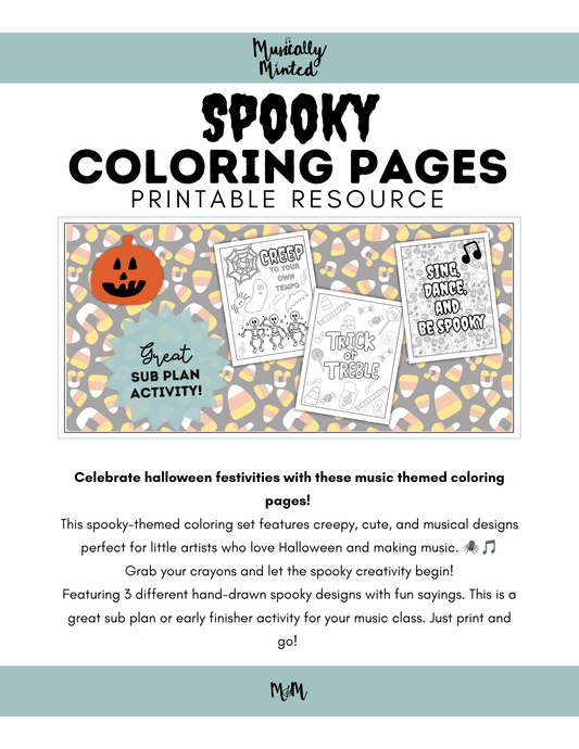 Spooky Music Coloring Sheets | Printable Music Class Coloring Activity DIGITAL DOWNLOAD
