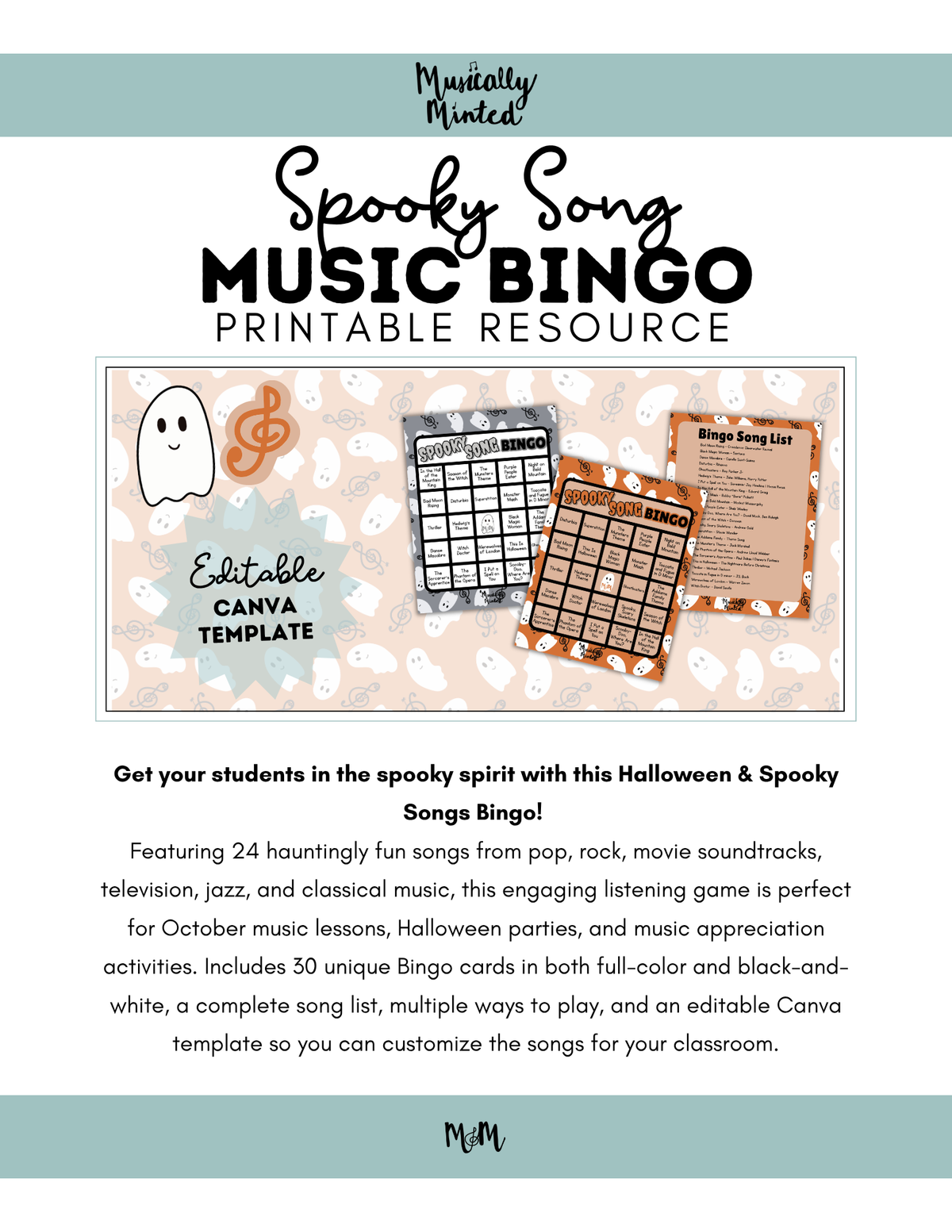 Spooky Song Bingo | Listening Activity & Music Game | Editable with Playlist DIGITAL DOWNLOAD