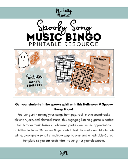 Spooky Song Bingo | Listening Activity & Music Game | Editable with Playlist DIGITAL DOWNLOAD
