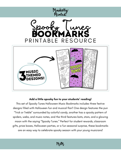 Spooky Tunes | Halloween Music Bookmarks | Printable Coloring Activity DIGITAL DOWNLOAD