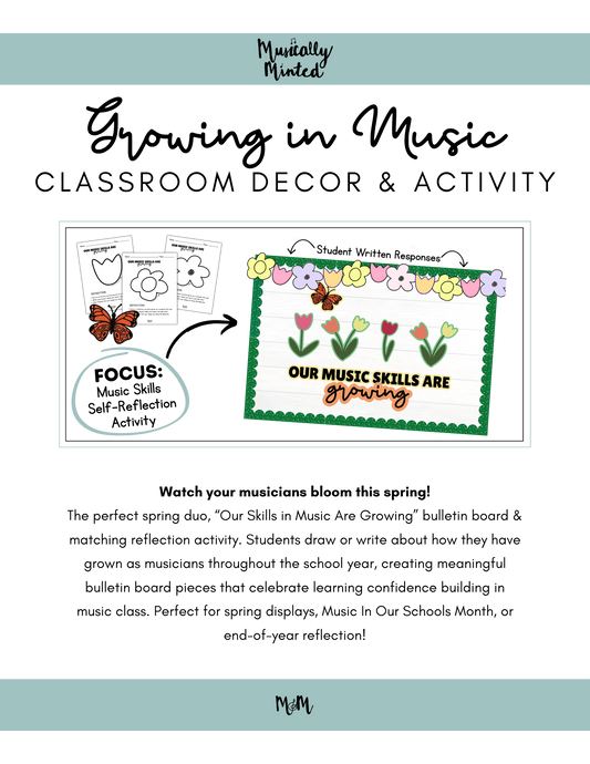 Music classroom decor and activity set with bulletin board and matching reflection activity, featuring butterflies and flowers.