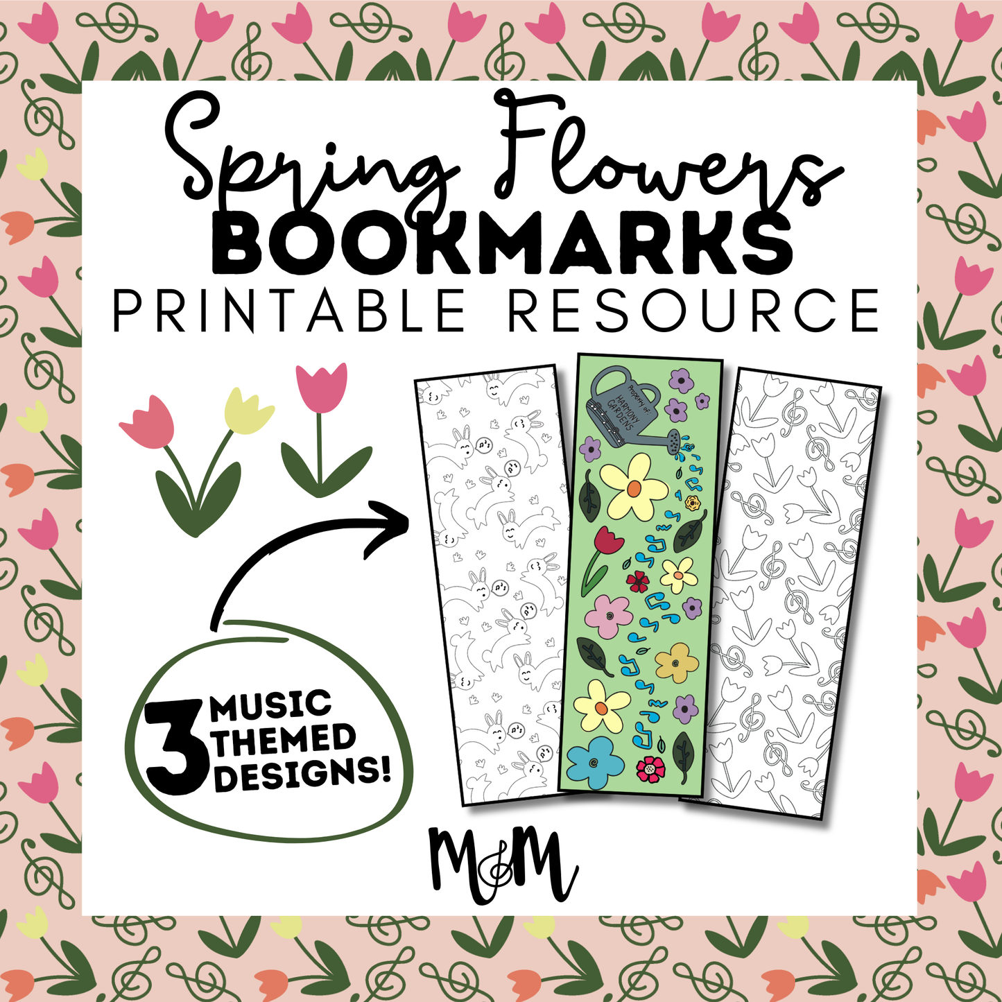 Spring flowers bookmarks printable resource with three music-themed designs on a floral background.