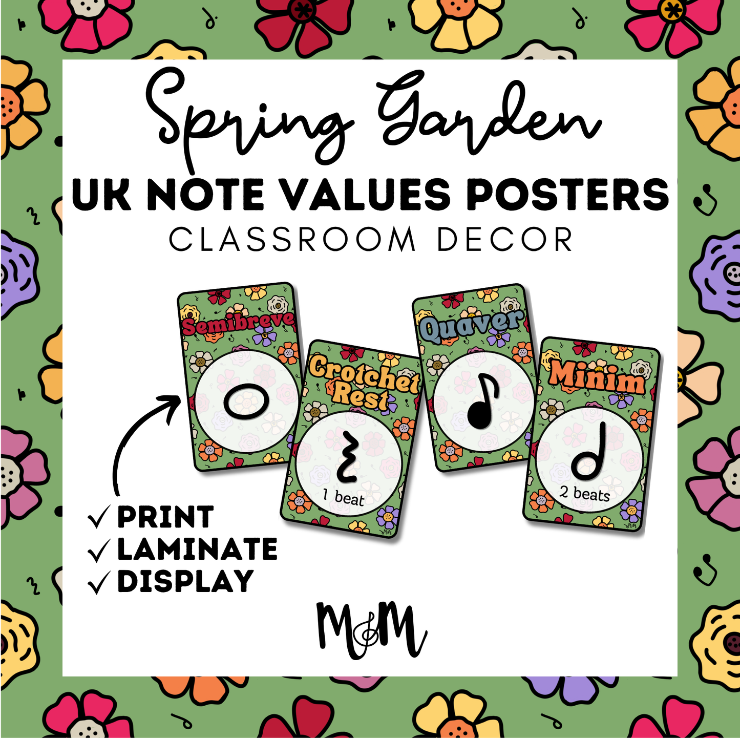Spring Garden: UK Note Values Posters | UK Music Terms | Music Classroom Decor