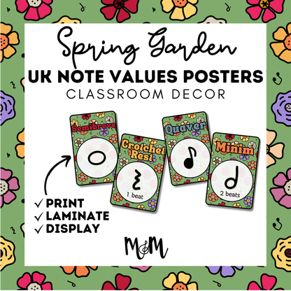 Spring Garden: UK Note Values Posters | UK Music Terms | Music Classroom Decor