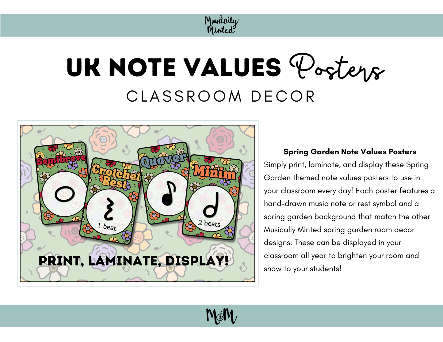 Spring Garden: UK Note Values Posters | UK Music Terms | Music Classroom Decor