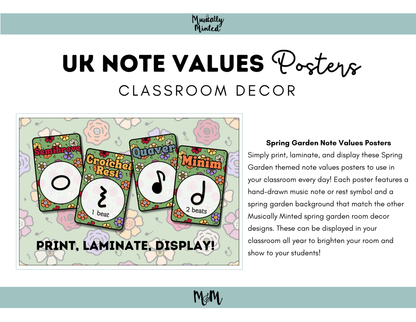 Spring Garden: UK Note Values Posters | UK Music Terms | Music Classroom Decor