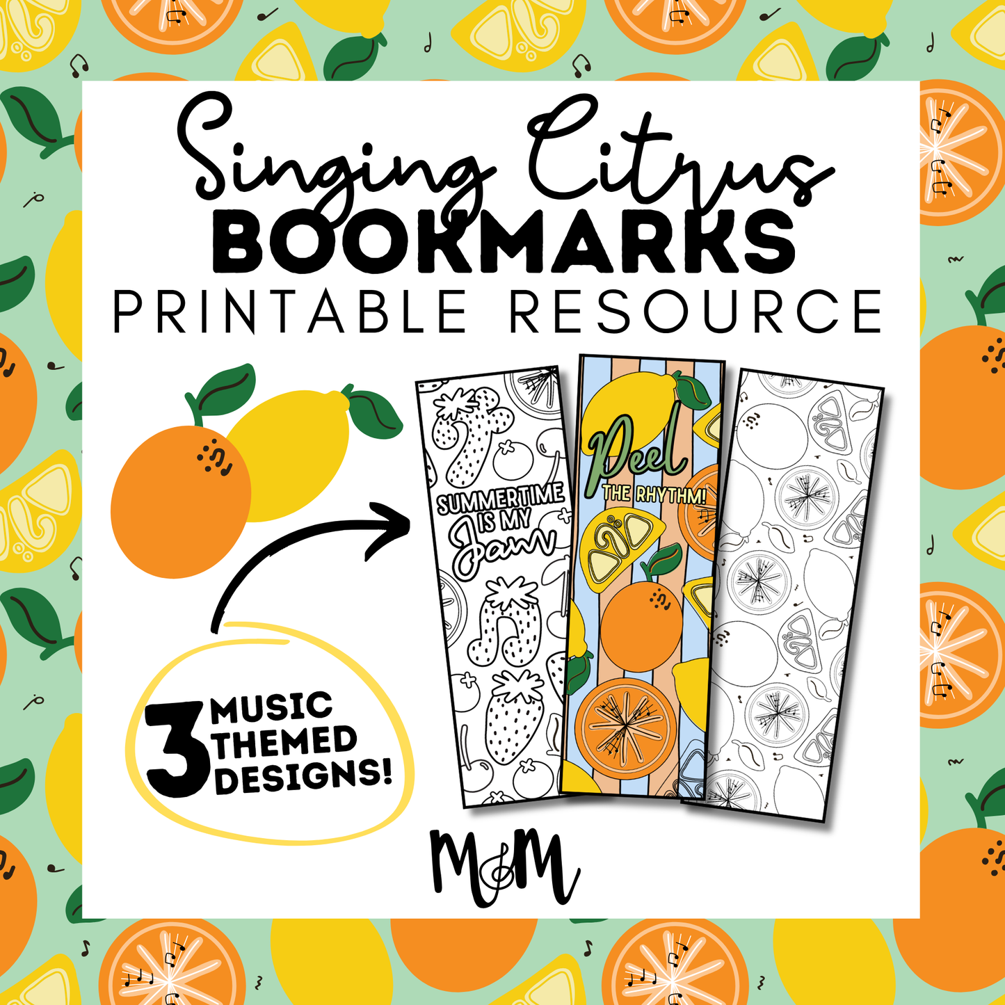 Singing Summer Citrus | Music Bookmarks | Printable Coloring Activity DIGITAL DOWNLOAD
