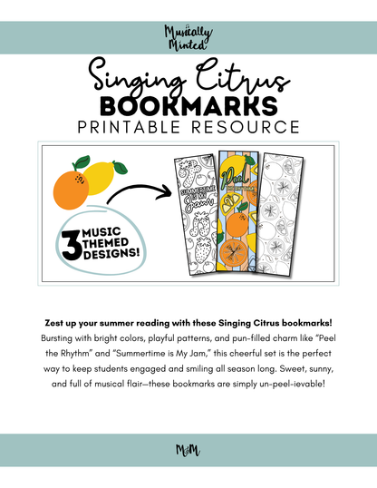 Singing Summer Citrus | Music Bookmarks | Printable Coloring Activity DIGITAL DOWNLOAD