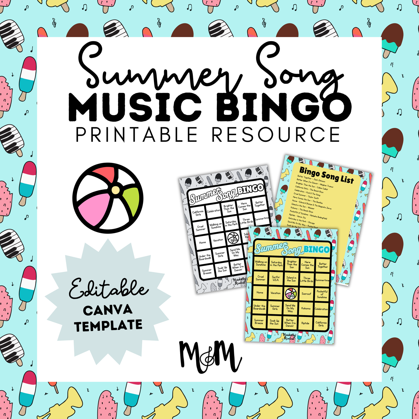 Summer Song Bingo | Printable Music Class Activity | Editable Bingo Cards & Playlist Included DIGITAL DOWNLOAD