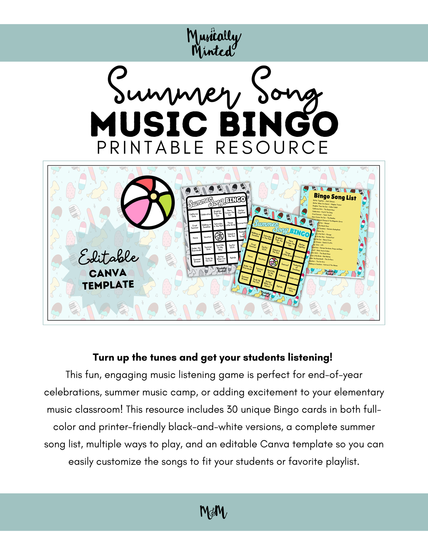 Summer Song Bingo | Printable Music Class Activity | Editable Bingo Cards & Playlist Included DIGITAL DOWNLOAD