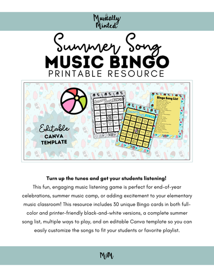 Summer Song Bingo | Printable Music Class Activity | Editable Bingo Cards & Playlist Included DIGITAL DOWNLOAD
