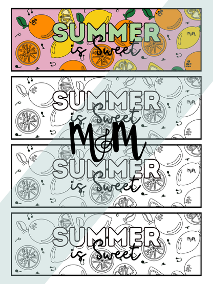 Colorful and monochrome 'Summer is Sweet' design with lemons and oranges on a pink and gray background.