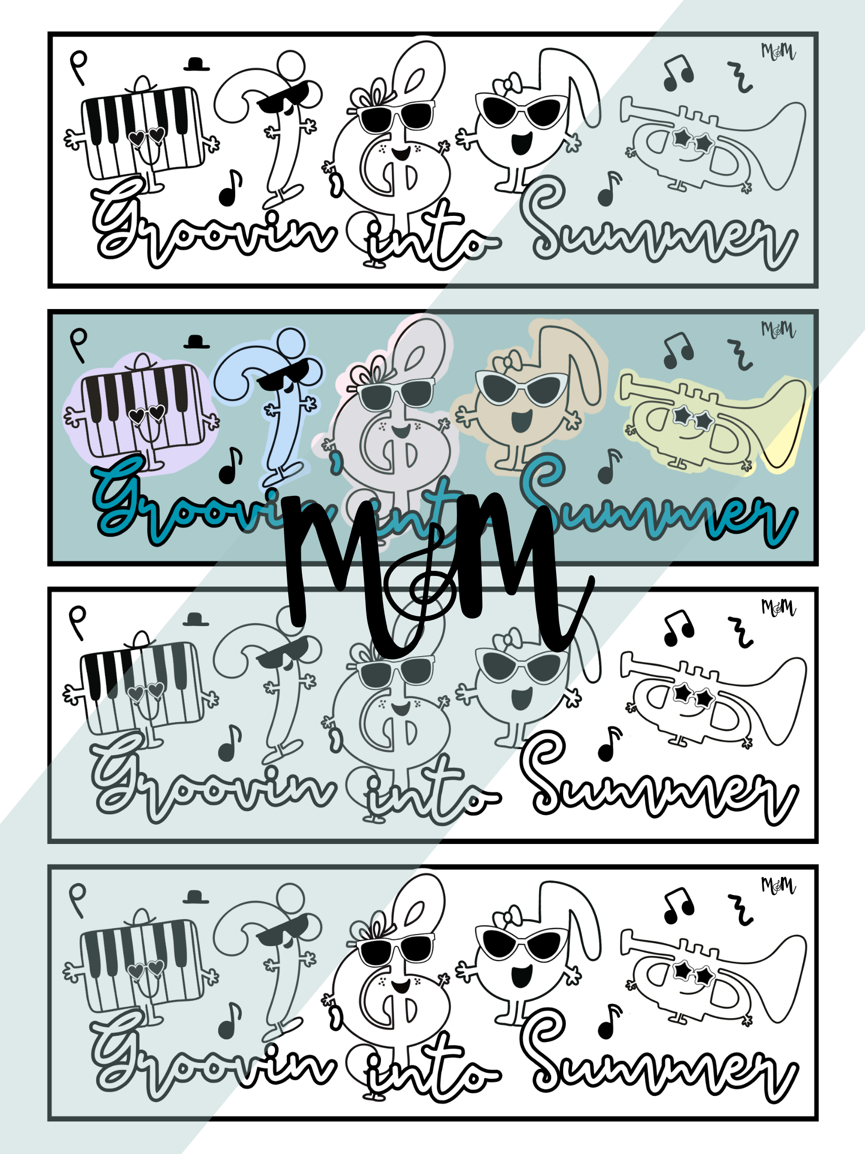 Set of four decorative bookmarks with musical notes, sunglasses, and the text 'Groovin' into Summer' on a white background.