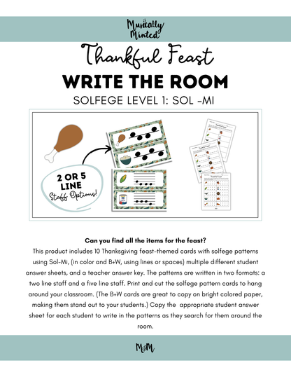 Thanksgiving: Write the Room | Solfege Level 2 (Sol-Mi-La) | Printable Music Activity DIGITAL DOWNLOAD