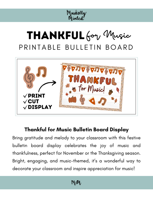 Thankful for Music Bulletin Board Display | Thanksgiving Bulletin Board | Holiday Display DIGITAL DOWNLOAD