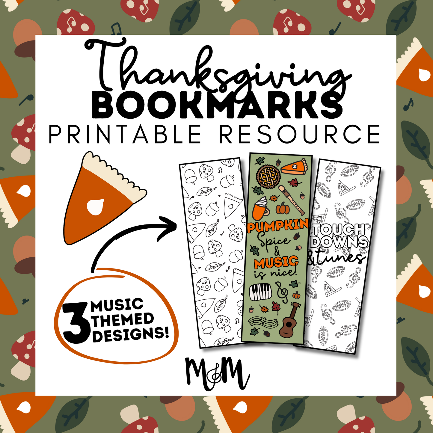 Thanksgiving | Music Bookmarks | Printable Fall and Football Themed Coloring Activity DIGITAL DOWNLOAD