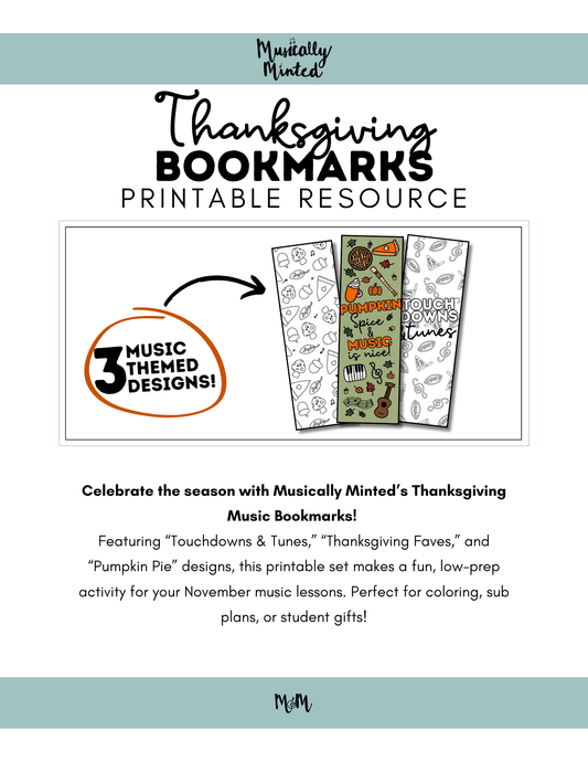 Thanksgiving | Music Bookmarks | Printable Fall and Football Themed Coloring Activity DIGITAL DOWNLOAD