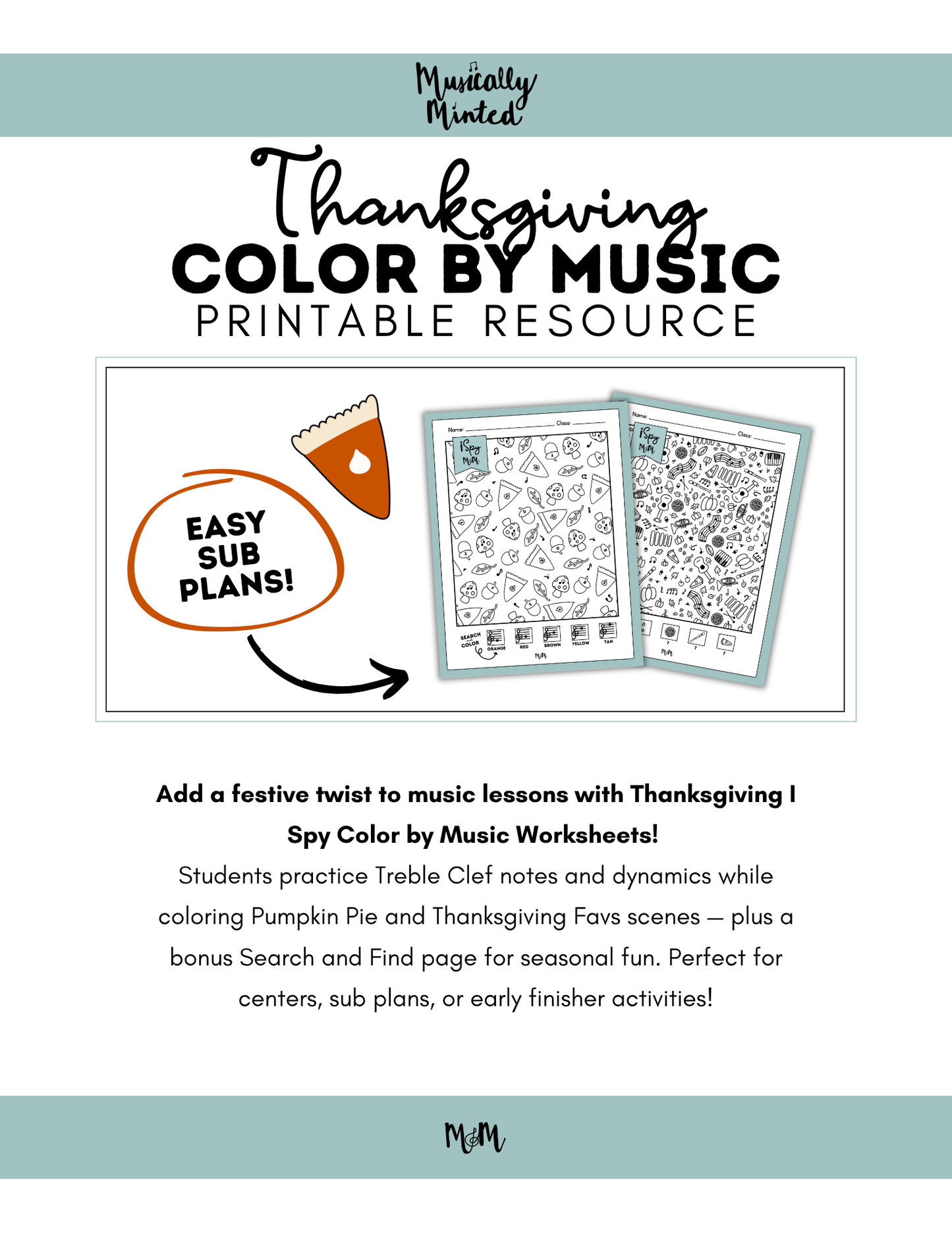 Thanksgiving Color by Music | iSpy Treble Clef Notes and Dynamics DIGITAL DOWNLOAD