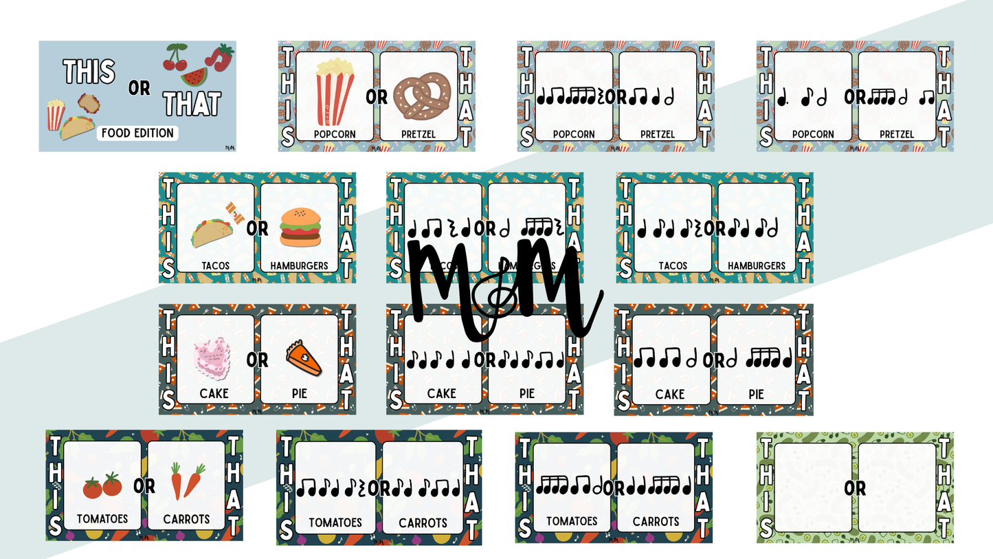 Educational flashcards with food-themed questions and answers on a white background.