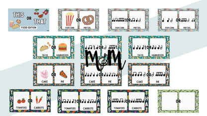 Educational flashcards with food-themed questions and answers on a white background.