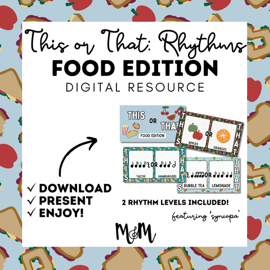 Digital resource for music education with food-themed cards on a colorful background