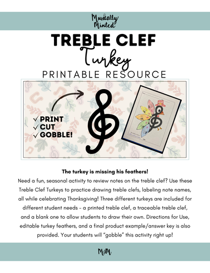 Treble Clef Turkey | Thanksgiving Music Activity DIGITAL DOWNLOAD
