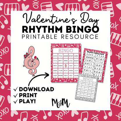 Valentines Day Rhythm Bingo | Printable Music Class Activity DIGITAL DOWNLOAD