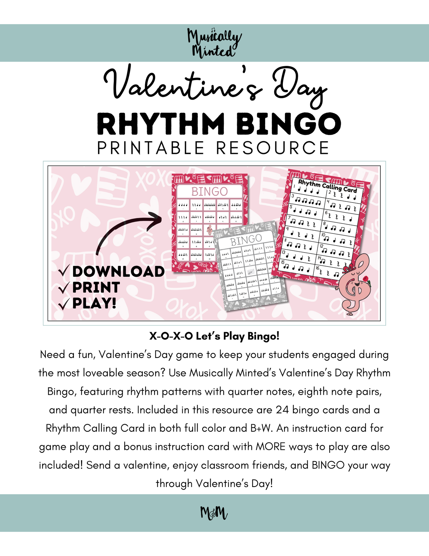 Valentines Day Rhythm Bingo | Printable Music Class Activity DIGITAL DOWNLOAD
