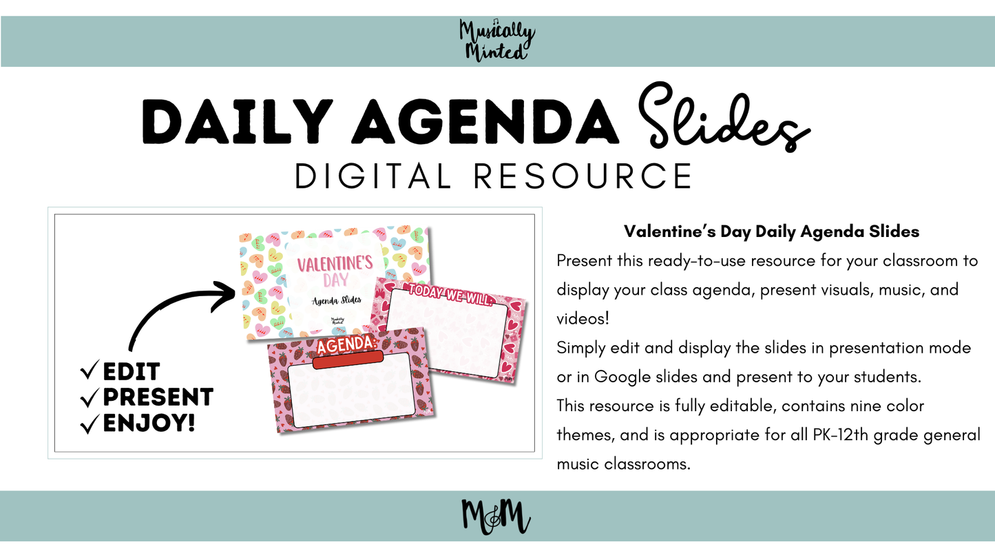 Valentines Day | Daily Agenda Google Slides | Music Teacher Resource DIGITAL DOWNLOAD