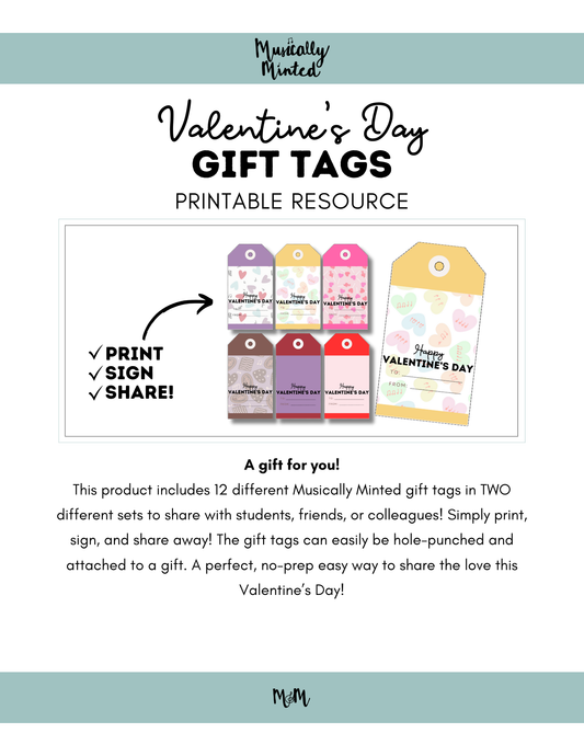 Valentines Day | Music Teacher Printable Gift Tags DIGITAL DOWNLOAD