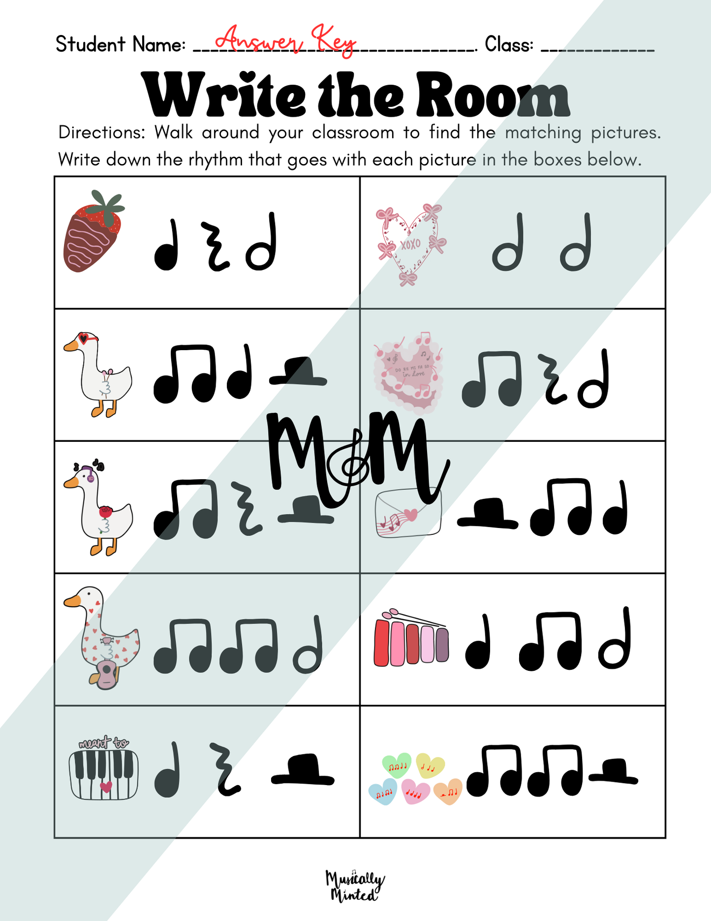 Worksheet for 'Write the Room' activity with musical notes and pictures, labeled 'Maddally Musical'.