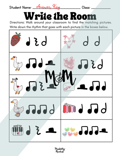 Worksheet for 'Write the Room' activity with musical notes and pictures, labeled 'Maddally Musical'.