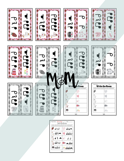 Educational worksheets with musical notes and letters on a light gray background