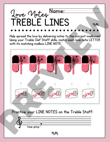 Valentine Love Notes: Treble Clef Lines & Spaces | Printable Music Activity DIGITAL DOWNLOAD