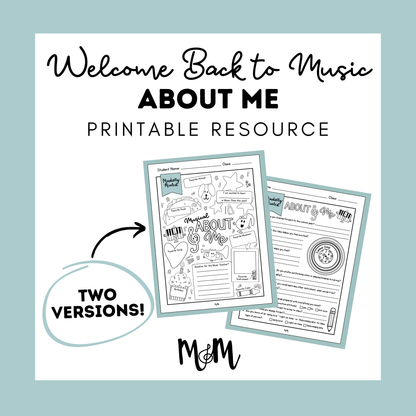 Welcome Back to Music: About Me Worksheet DIGITAL DOWNLOAD