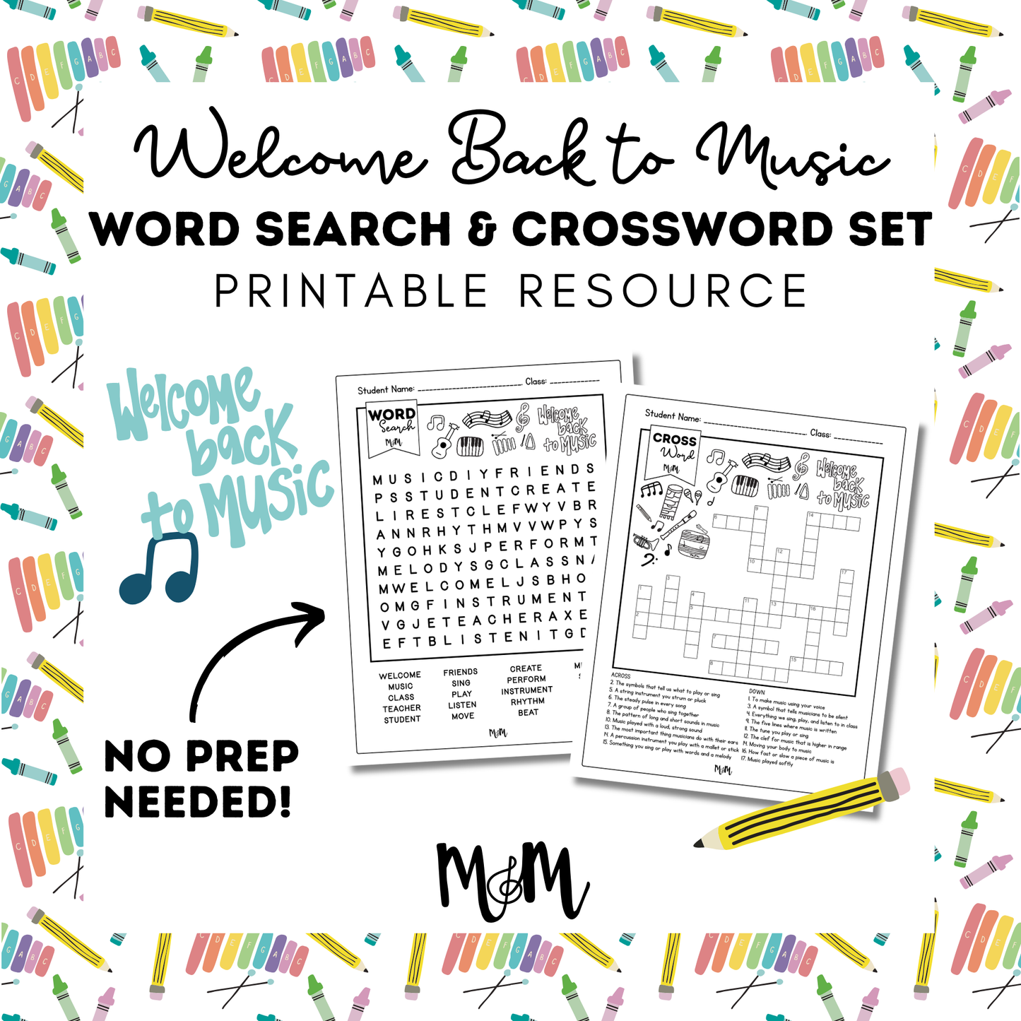 Welcome Back to Music | Word Search & Crossword Set | Music Class Worksheet DIGITAL DOWNLOAD