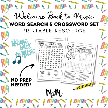 Welcome Back to Music | Word Search & Crossword Set | Music Class Worksheet DIGITAL DOWNLOAD