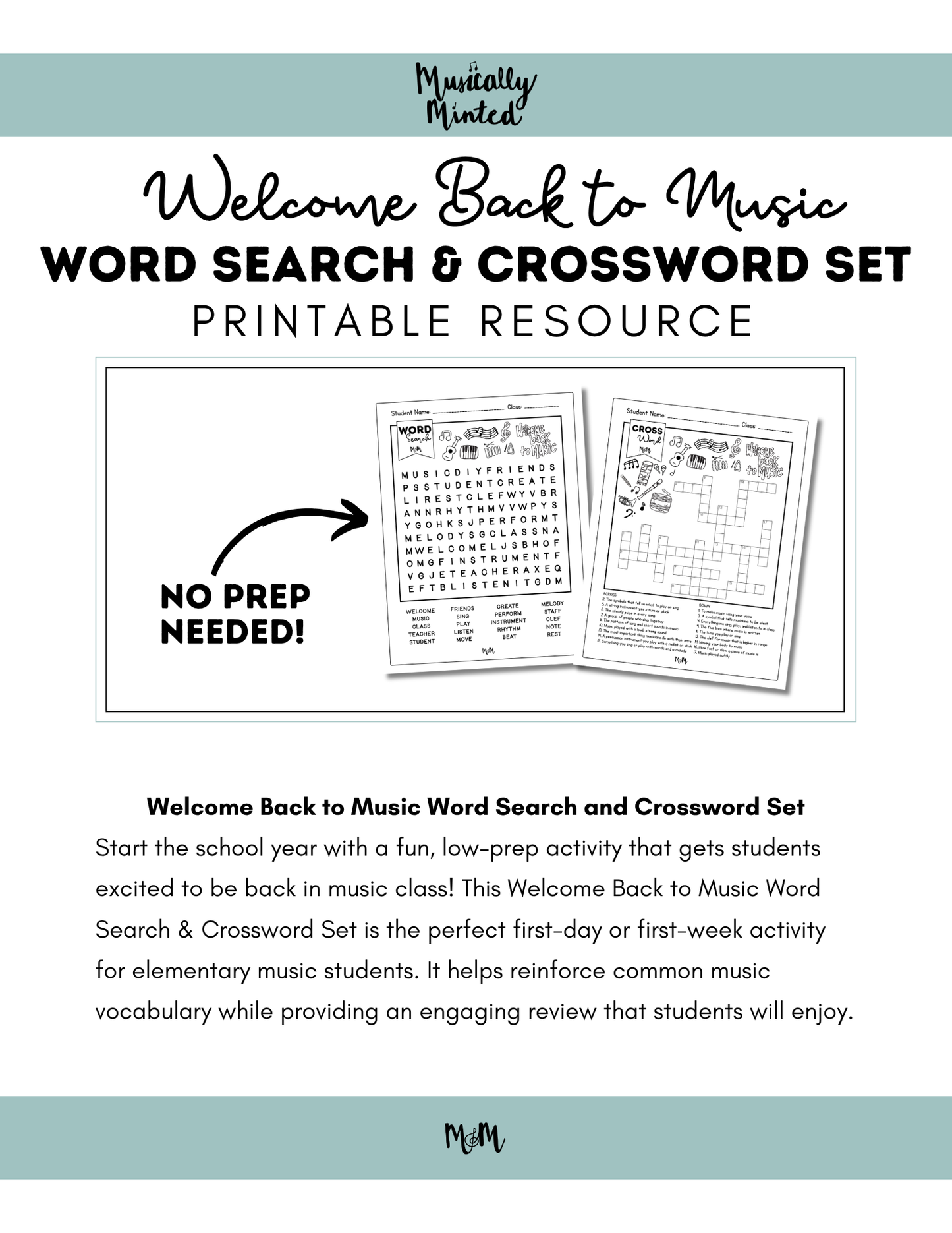 Welcome Back to Music | Word Search & Crossword Set | Music Class Worksheet DIGITAL DOWNLOAD