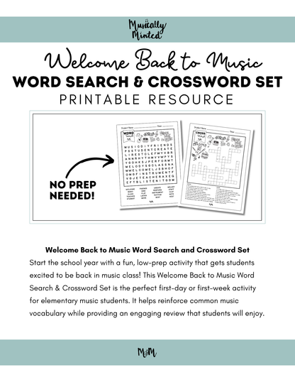 Welcome Back to Music | Word Search & Crossword Set | Music Class Worksheet DIGITAL DOWNLOAD