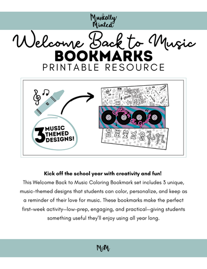 Welcome Back to Music: Bookmarks | Music Class Coloring Activity DIGITAL DOWNLOAD