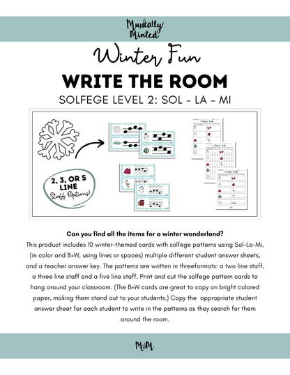 Winter Fun Write the Room | Solfege Level 1 | Sol-Mi Printable Activity DIGITAL DOWNLOAD