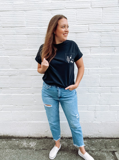Black & White Music Note Pocket T-Shirt